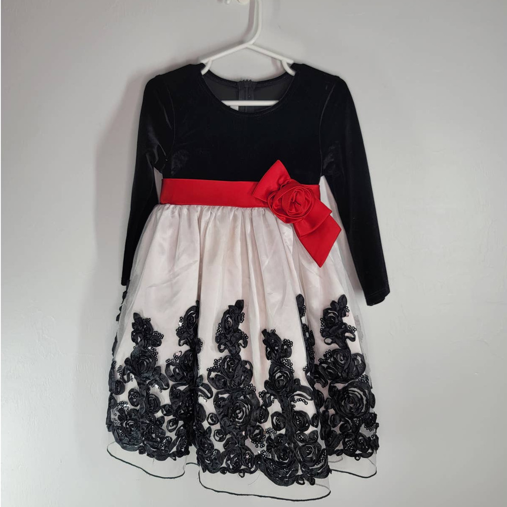 Bonnie Jean Fit & Flare Christmas Dress Size 2T Velvet Bow Embroidered Black
